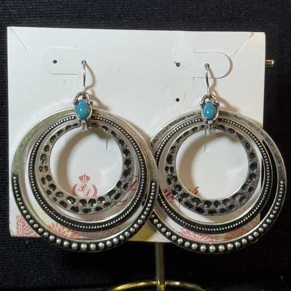 Premier Designs Silver Tone Dangling Triple Hoops With Blue Accents Stone 2.5in - Picture 2 of 9
